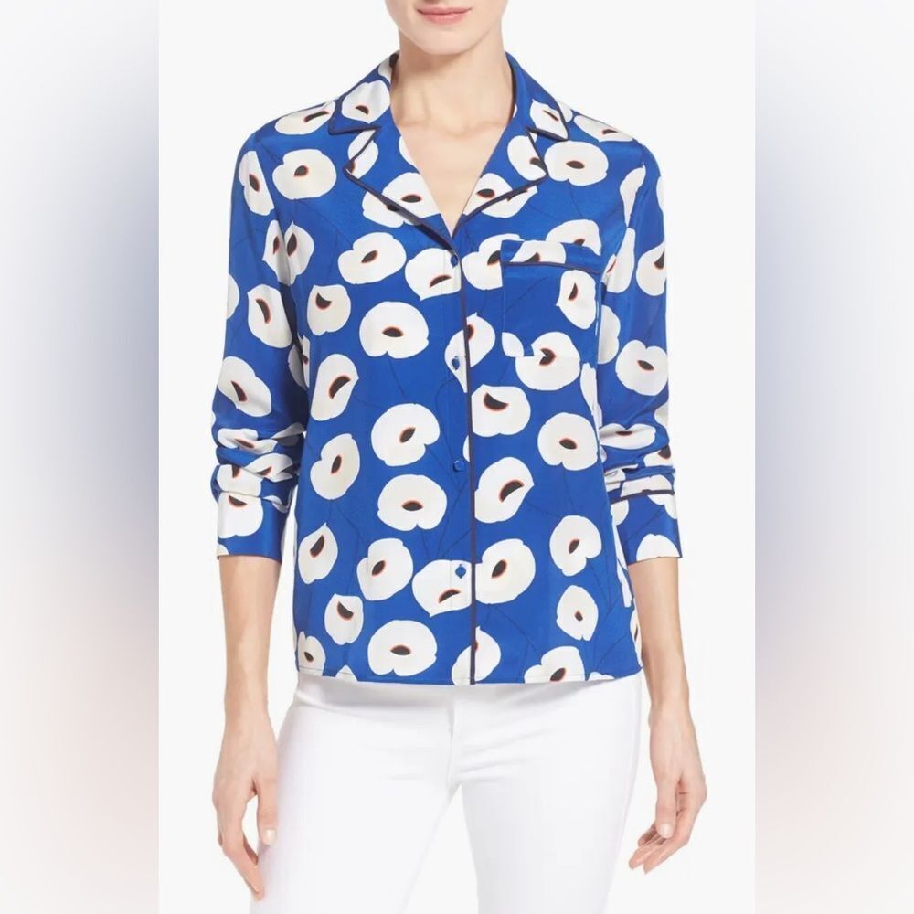 Olivia Palermo Chelsea silk Blue Floral button down blouse sz small
